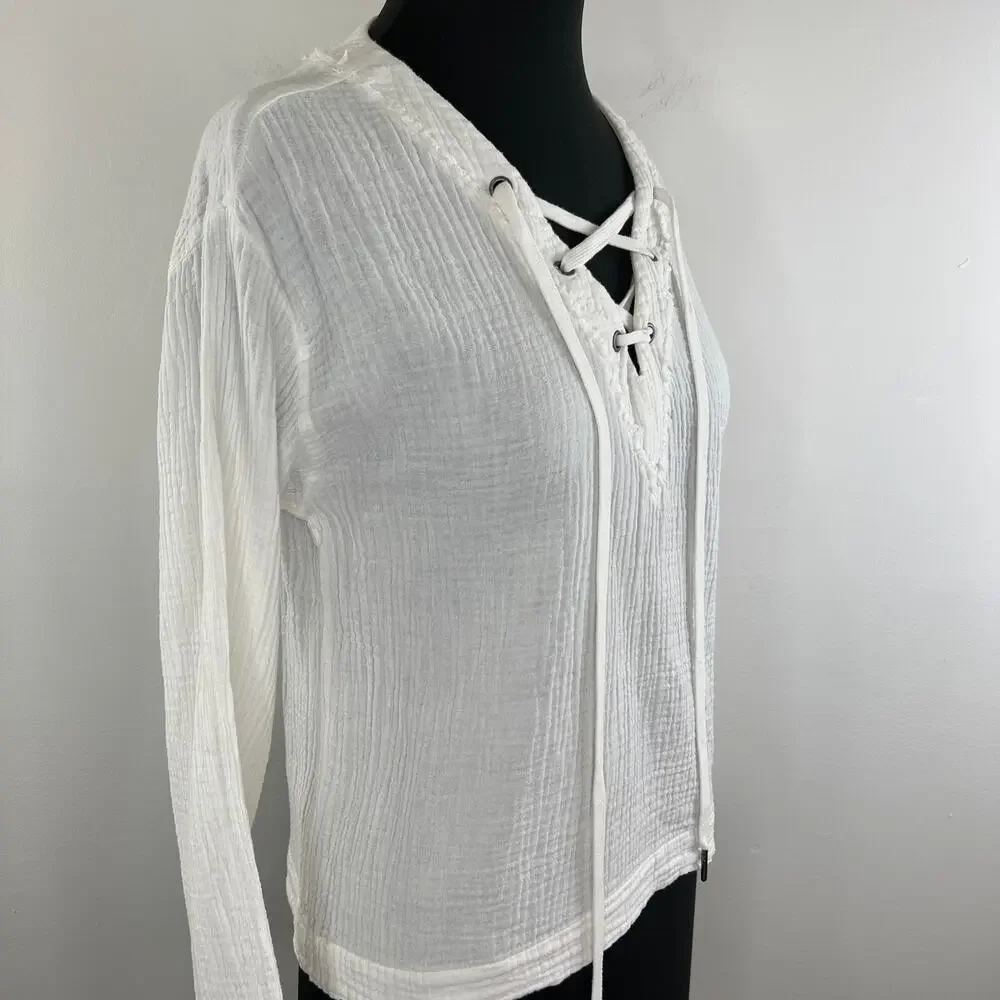 Cloth & Stone White Cotton Gauze Lace Up Neck Long Sleeve Top Blouse X-Small XS